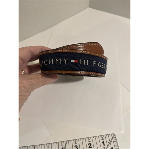 Tommy Hilfiger cowhide buffalo leather brass buckle canvas nautical belt 32/80 - Picture 2 of 16